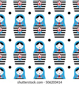 Pattern with Russian dolls - matryoshka and decorative elements for design. Vector illustration. Pattern for wallpaper, textile.