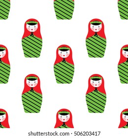 Pattern with Russian dolls - matryoshka and decorative elements for design. Vector illustration. Pattern for wallpaper, textile.