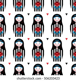 Pattern with Russian dolls - matryoshka and decorative elements for design. Vector illustration. Pattern for wallpaper, textile.