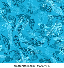Pattern with Rustic Ethnic decorative feathers, endless colorful background. Hand drawn vintage design. Colored sketch illustration. Vintage Tribal and Decorative feathers.