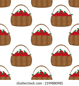 Pattern of rustic wicker basket full of  ripe red apples with green leaf on white background.