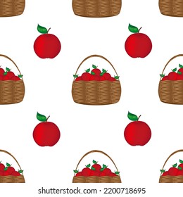 Pattern of rustic wicker basket full of  ripe red apples with green leaf on white background.