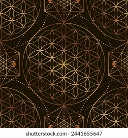 Pattern of Sacred Geometry Symbol. Vector illustration. Mystic esoteric Flower of Life. Golden Seed of life. Mandala lotus flower on black background