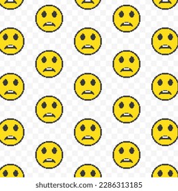 Pattern of sad boy emoticons in transparent background. 8-bit pixel art backdrop. Vector illustration. Vector Illustration
