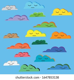 Pattern of the sad cartoon clouds with face