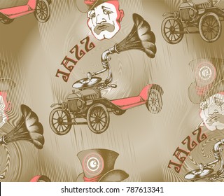 Pattern of sad clown and steampank car. Vector illustration