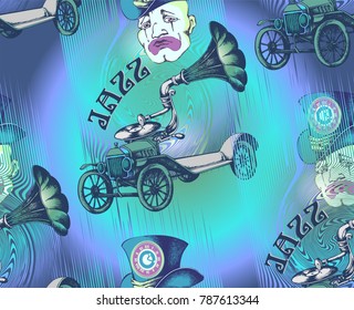 Pattern of sad clown and steampank car. Vector illustration