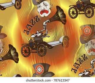 Pattern of sad clown and steampank car. Vector illustration