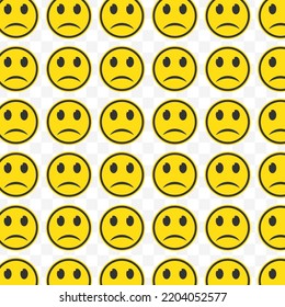 Pattern of sad emoticons in transparent background with mini doodle (icons). Vector Illustration