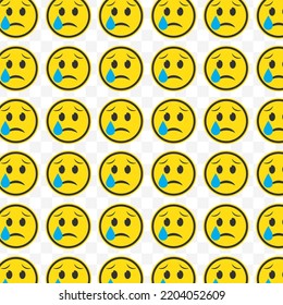 Pattern of sad emoticons in transparent background with mini doodle (icons). Vector Illustration