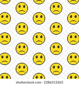 Pattern of sad emoticons in transparent background. 8-bit pixel art backdrop. Vector illustration. Vector Illustration