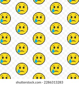 Pattern of sad emoticons in transparent background. 8-bit pixel art backdrop. Vector illustration. Vector Illustration
