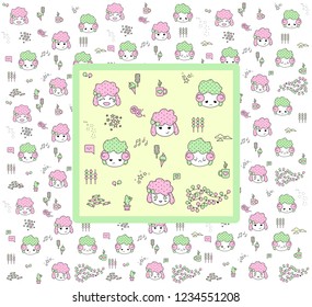 Pattern with sad, serious sheep and cheerful cute sheep. Background for holiday packaging or for the substrate cards, photos.