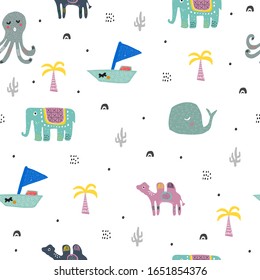 Pattern with safari exotic animals elephant and camel with palms in rainforest. For nursery or childish textile or fabric. Vector illustration