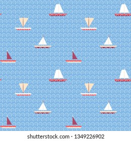 pattern with sailboats at sea at daytime. pattern with sailing ships on blue background and hand drawn waves