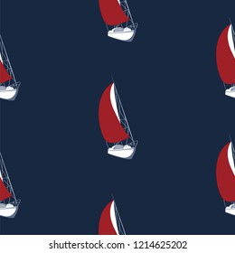 Pattern - Sailing boat with a scarlet sail - dark blue background - vector