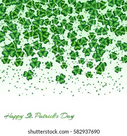 Pattern Saint Patrick Day with shamrocks and confetti falling down on white background
