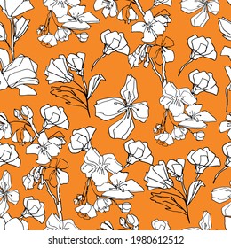 Pattern with sakura buds, apple cherry blossom. Medicinal herbs, rapeseed. Beautiful hand-drawn graphics. For textile, wallpaper, design, paper, banner. Stock graphics, isolate. 