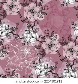 Pattern sakura flowers art. Seamless texture design vintage floral blossom ornament.