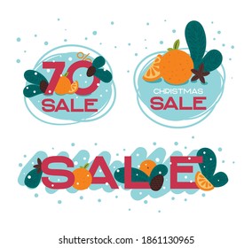 The pattern of sales of tangerines. Christmas discount with citrus and fir branches.