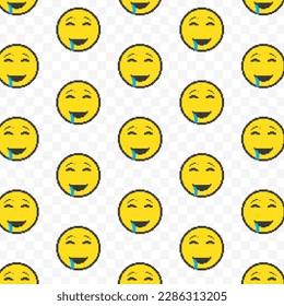 Pattern of salivating emoticons in transparent background. 8-bit pixel art backdrop. Vector illustration. Vector Illustration