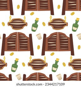Pattern saloon door, signboard, whiskey bottle, shot glass, coin in cartoon style. Vector ornament on a white background. Theme western, cowboy