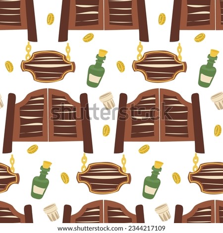 Pattern saloon door, signboard, whiskey bottle, shot glass, coin in cartoon style. Vector ornament on a white background. Theme western, cowboy