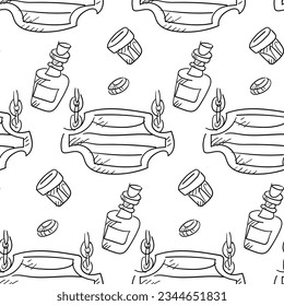 The pattern is a saloon sign with a pattern, a bottle of whiskey, a shot glass, a coin in a linear style. Vector ornament on a white background. Themed western, cowboy