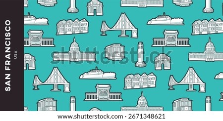 Pattern of San Francisco on a blue background that highlights symbols of the city

