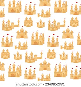 Pattern of sand castles with towers and red flags.