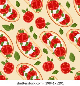 Pattern of a sandwich with pocherella and tomato. Bruschetta. Healthly food. Vegetarianism. Simple drawing in cartoon style. Vector illustration.
