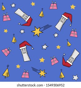 Pattern with Santa Claus character, gift box, Christmas bell and shooting star drawn with only straight lines