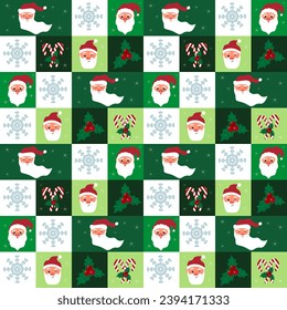 Pattern with Santa Claus, snowflakes and holly. Christmas and New Year. Vector background made of colored blocks. For textiles, clothing, packaging, social networks and web pages, holiday decor.