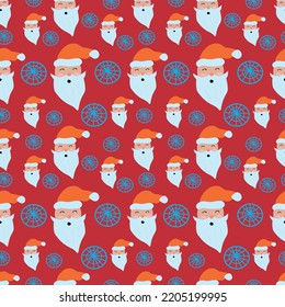 Pattern Santa Claus with snowflakes on a festive red background. For fabrics and wrapping paper. Vector.