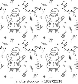 Сhristmas pattern with Santa, garland, bells and sweets on white background
