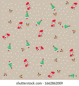 Pattern of Santa girl with christmas tree and symbol of reindeer, surrounded by white spots which means snow.