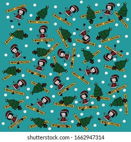 Pattern of Santa girl with christmas tree and the text merry christmas, surrounded by white spots which means snow on green background.