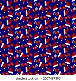 Pattern with Santa hat, mittens and socks. Festive Christmas illustration. Vector illustration isolated on white background. For use in packaging, clothing stores, covers, prints, textiles, promotions