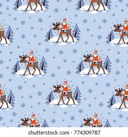 pattern with a santa and reindeer in the winter forest