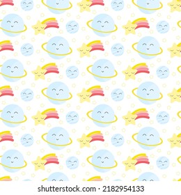 Pattern with saturn and flying comets. Heavenly kawaii seamless pattern collection. Vector drawing on a white background. Use for interior, birthday and shower, baby and gender party, clothing prints