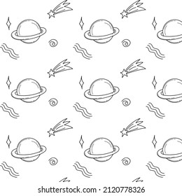 pattern with Saturn, a planet, a shooting star in the doodle style. Space, science. Vector