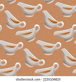 A pattern of sauces and dots. Different saucepans with sauces in different directions. Suitable for printing on textiles and paper for restaurants and cafes.