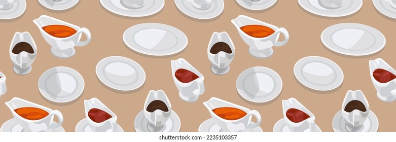 A pattern of sauces and plates. Different sauces in saucepans mustard, tomato, soy. Suitable for printing on textiles and paper for restaurants and cafes.