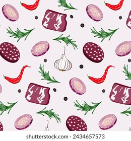 Pattern with sausage and bacon.Vector seamless pattern with sausage, bacon, garlic, red pepper and onion on a colored background.