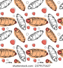  Patrón de salchicha en masa , ilustración vectorial , dibujo a mano ilustración de doodle , boceto de comida callejera aislado en fondo blanco para diferentes usos de diseño como la publicidad para panadería,