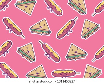 Pattern of Sausage and Sandwich with cute kawaii face expressions. Handmade in doodle style - Vector EPS