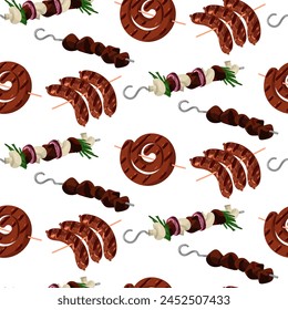 A pattern with sausages and kebabs on a skewer on the grill. Barbecue and outdoor cooking. It is suitable for decoration of summer themes, food packaging or restaurant menus. Vector seamless