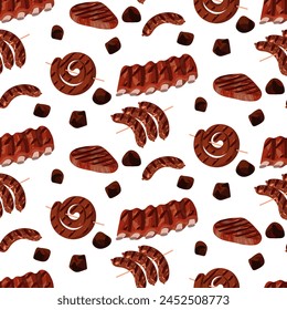 A pattern with sausages, steak, barbecue, grilled ribs. Barbecue and outdoor cooking. It is suitable for decoration of summer themes, food packaging or restaurant menus. Vector seamless illustration