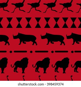 Pattern with savanna's animals on the red background