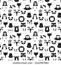 Pattern of scandinavian animals. Vector image of fox, deer, owl, sloth, rhino, cat, hippo, giraffe, lion, penguin, hare, raccoon, dog, bear, tiger. For banner, card, textile, nursery, baby shower.